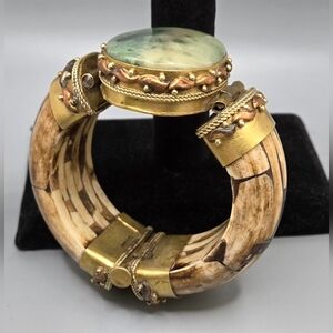 Bone Hinged Bangle with Large Nephrite Jade Stone Brass Fittings Great Condition